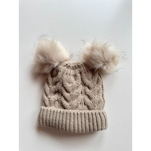 BABY GAP Beige Acrylic Cable Knit Pom Pom Beanie Toque Hat, Toddler Size M/L - Picture 2 of 9
